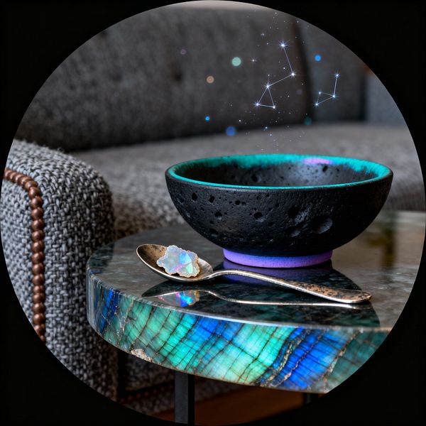 Close-up of a living room vignette featuring a round side table with a glossy dark top and an iridescent blue‑green labradorite edge. A crater-textured matte black bowl with a turquoise rim and violet foot sits beside an antiqued brass spoon holding an opalescent shard, with a charcoal tweed sofa and copper nailhead trim in the background and faint constellation-like sparkles above the bowl.