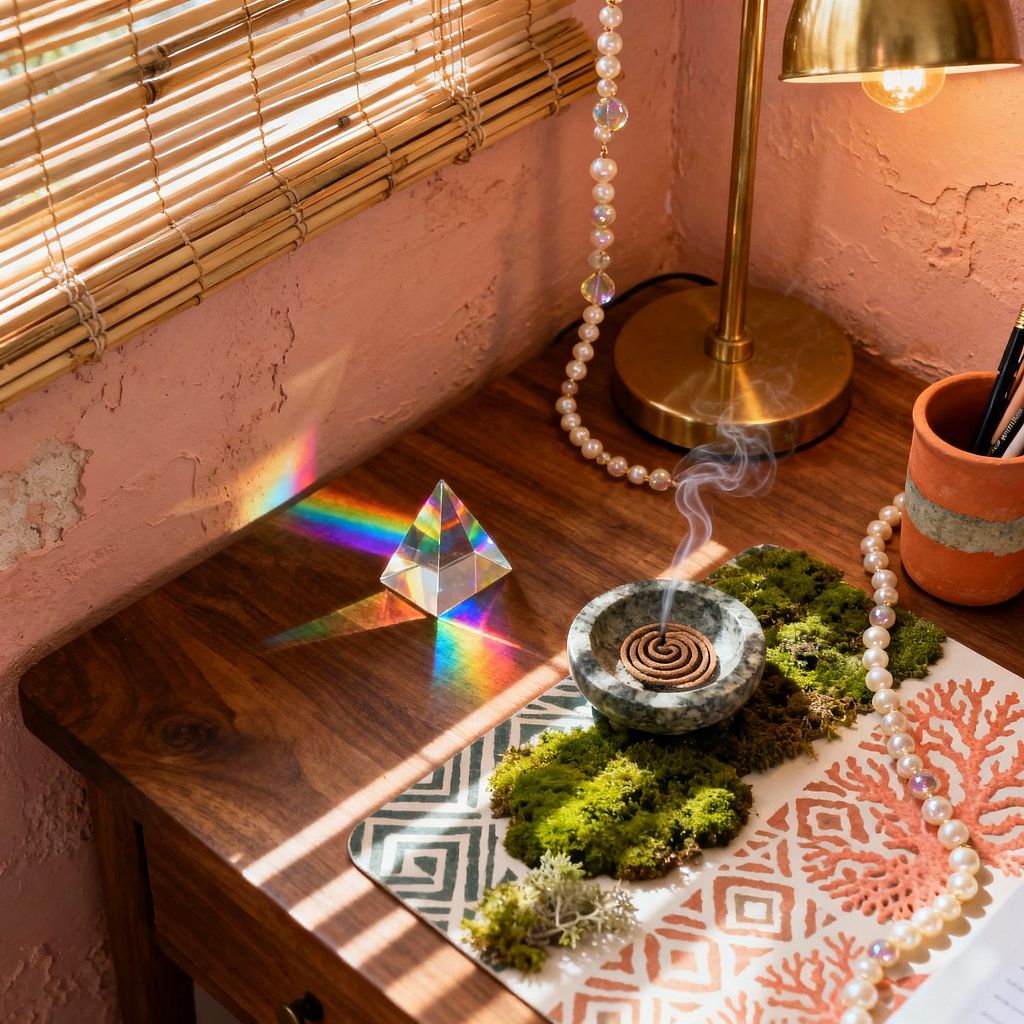 Close-up of a bohemian home office desktop with a rich walnut wood surface beside a pink textured plaster wall and bamboo blinds. A brass lamp with a rounded base sits near a terracotta pencil cup and a strand of pearls. A gray marble bowl holds a smoking incense coil atop a patterned mat layered with preserved moss. A small glass prism refracts sunlight, casting rainbow colors across the desk.