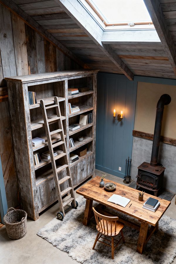 A cozy attic home office features a large weathered-wood bookcase with a rolling ladder, a simple plank desk, and a spindle-back chair set on a thick, shaggy rug. Blue-gray paneled walls, a concrete floor, and a black cast-iron wood stove with tools add to the rustic feel, while a brass candle-style sconce and a generous skylight provide warm and natural light; books and small bowls rest on the desk and shelves.