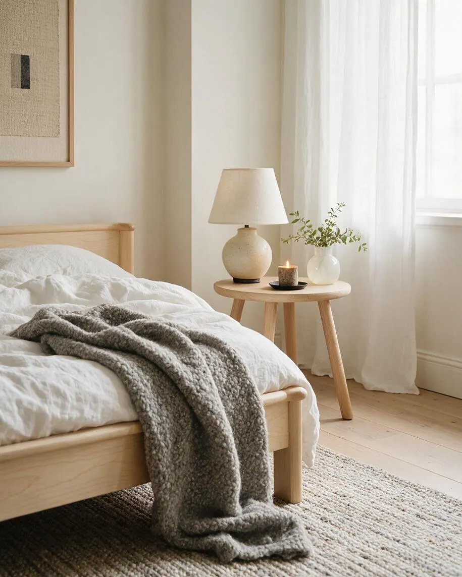 A serene Scandinavian bedroom vignette with a light wood bed dressed in white bedding and a gray textured throw. A round wood side table holds a cream lamp, a small lit candle, and a white vase with greenery beside sheer curtains and a bright window.