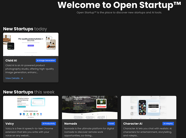 The image displays a webpage showcasing new startups categorized by time period, including today's and this week's offerings.