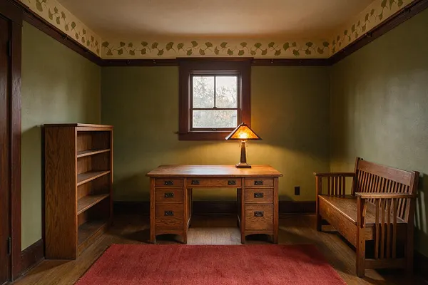 A small Craftsman-style home office with olive green walls, dark wood trim, and a central window. The room includes a wooden desk with drawers, a matching bookcase, a wooden bench, a red area rug, and a glowing table lamp that creates a warm, quiet atmosphere.