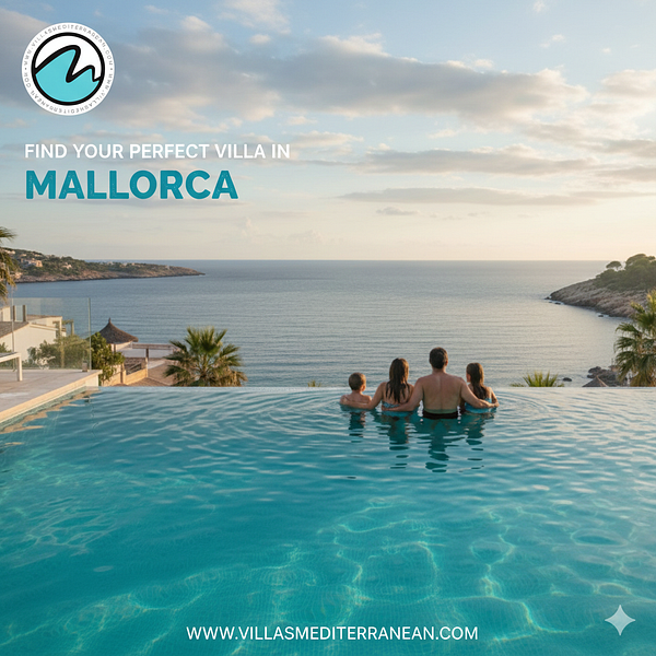A family enjoys a serene moment in an infinity pool overlooking the Mediterranean Sea in Mallorca.