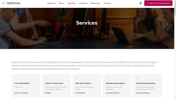 Screenshot of a webpage titled 'Our services' showing multiple service sections with images and text descriptions.