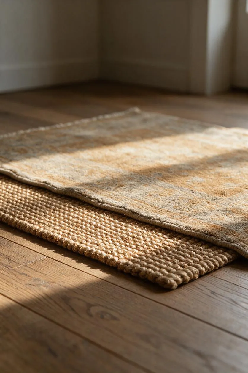 A close-up of two layered area rugs on a sunlit hardwood floor. The top rug has a soft, faded pattern in beige, cream, and muted gold, while the bottom rug is a chunky woven natural fiber in warm tan tones.