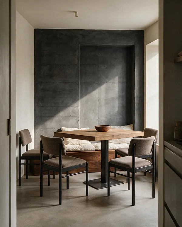 A compact dining room features a square wood table with a black metal pedestal base, surrounded by four upholstered chairs in taupe fabric. A built-in bench with cream cushions sits against a dark textured concrete accent wall, while soft daylight creates a diagonal shadow across the space.