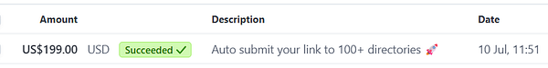 A transaction record showing a successful sale of a directory submission service.