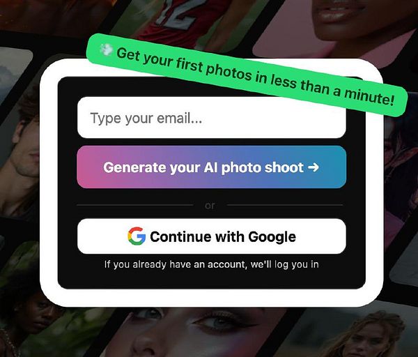 The image displays a user interface for signing up for an AI photo generation service.