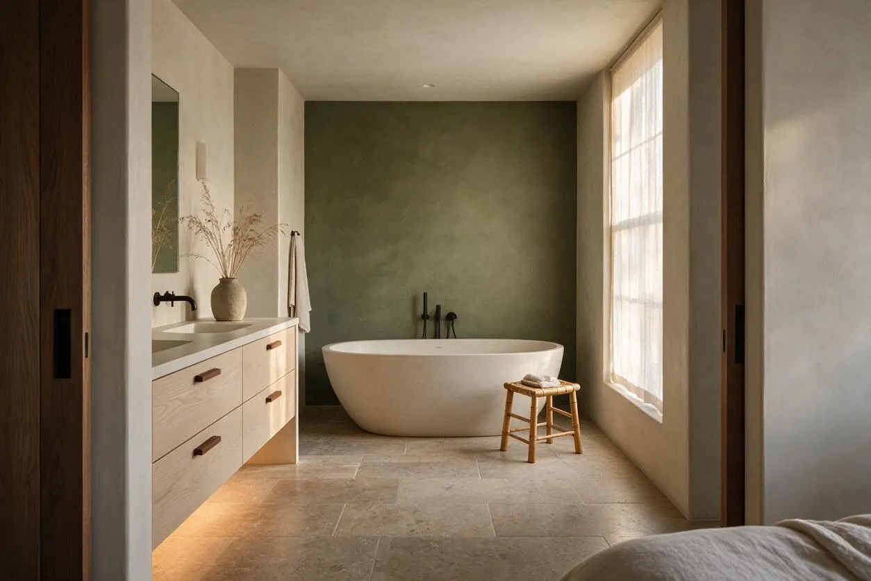 A calm master bathroom with a freestanding oval bathtub set against a muted olive green accent wall, a light wood vanity with simple pulls on the left, and a large window on the right bringing in soft natural light. A small bamboo stool sits beside the tub, and the space features warm neutral plaster walls, stone flooring, and minimal black fixtures.