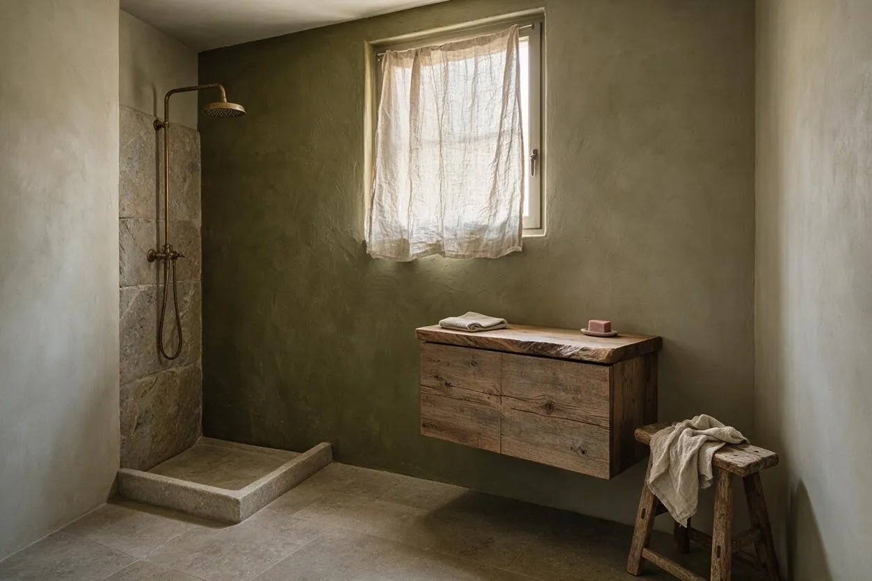 A serene master bathroom with a walk-in shower at left, featuring stone tile, a brass showerhead, and a low step. The room has olive-green plaster walls, a small window with a sheer linen curtain, a floating rustic wood vanity, and a simple wooden stool with folded fabric, creating a quiet, natural Wabi-Sabi atmosphere.