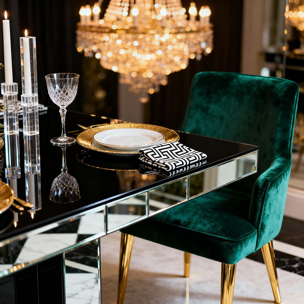 Close-up of a Hollywood Regency dining setting with a glossy black, mirror-paneled table holding gold-rimmed white plates on a ribbed gold charger, cut-crystal stemware, and a folded black-and-white Greek key napkin. Clear lucite candleholders with lit white tapers stand beside an emerald green velvet chair with polished gold metal legs, while a glowing crystal chandelier, dark drapery, and white marble flooring reflect across the mirrored surfaces.