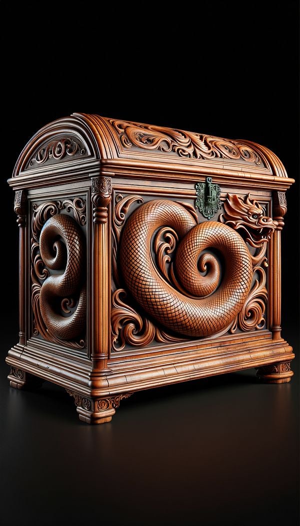 An antique wooden chest with a prominent serpentine front, showcasing intricate wood carving and elegant hardware detailing.