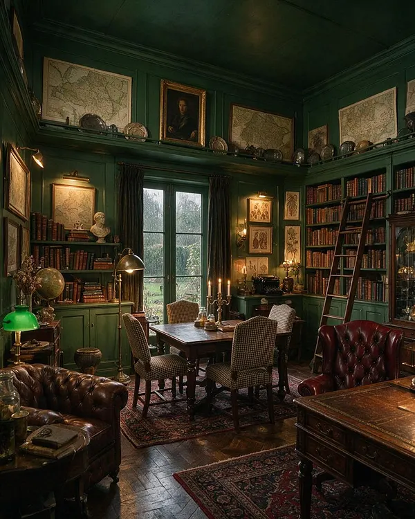 A dark academia dining room with deep green paneled walls, built-in bookshelves packed with old books, framed maps, and a portrait above the room. A wooden dining table sits on patterned rugs, surrounded by upholstered chairs, with leather armchairs, a globe, candelabras, and warm lamp light creating a scholarly, vintage atmosphere.
