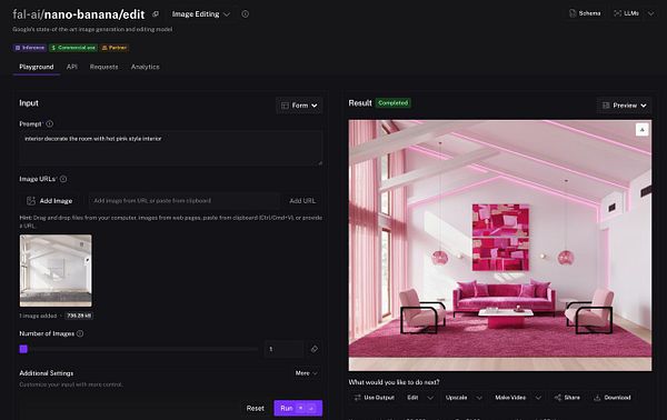 The image displays a digitally rendered interior room featuring a vibrant pink color scheme.