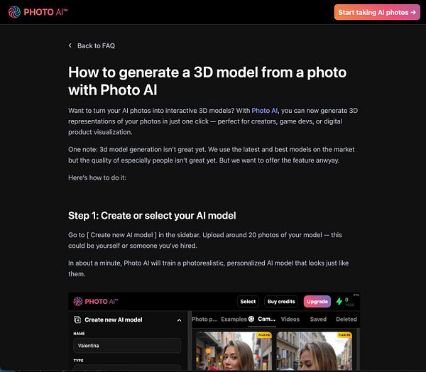 The image displays a webpage from Photo AI detailing how to generate a 3D model from a photo.