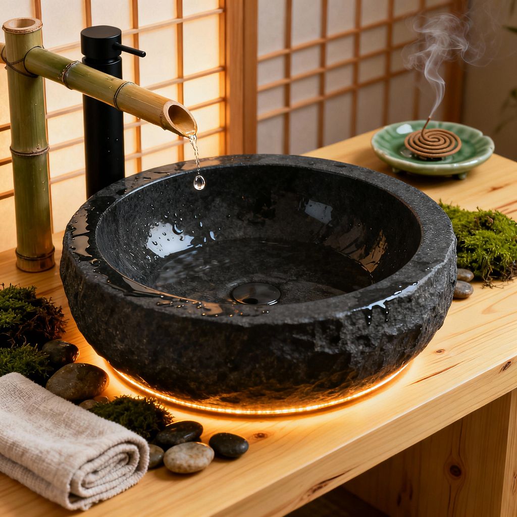 Close-up of a Japanese-inspired bathroom sink area featuring a rough black stone bowl on a light wood countertop with a warm LED glow beneath. Water drips from a bamboo spout beside matte black hardware; moss and smooth pebbles sit near a rolled towel, while shoji screens and a smoking incense coil in a celadon dish create a calm, minimalist backdrop.
