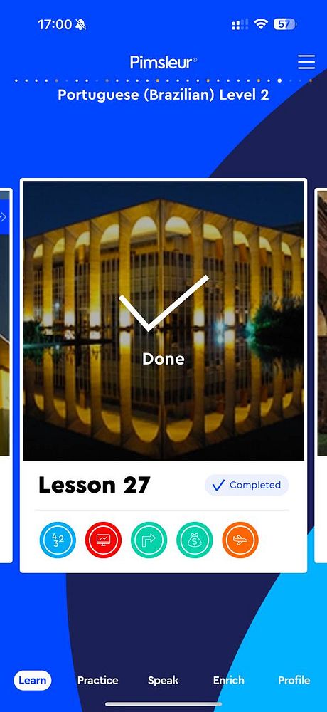 The image displays a completed lesson from the Pimsleur Portuguese language learning app.