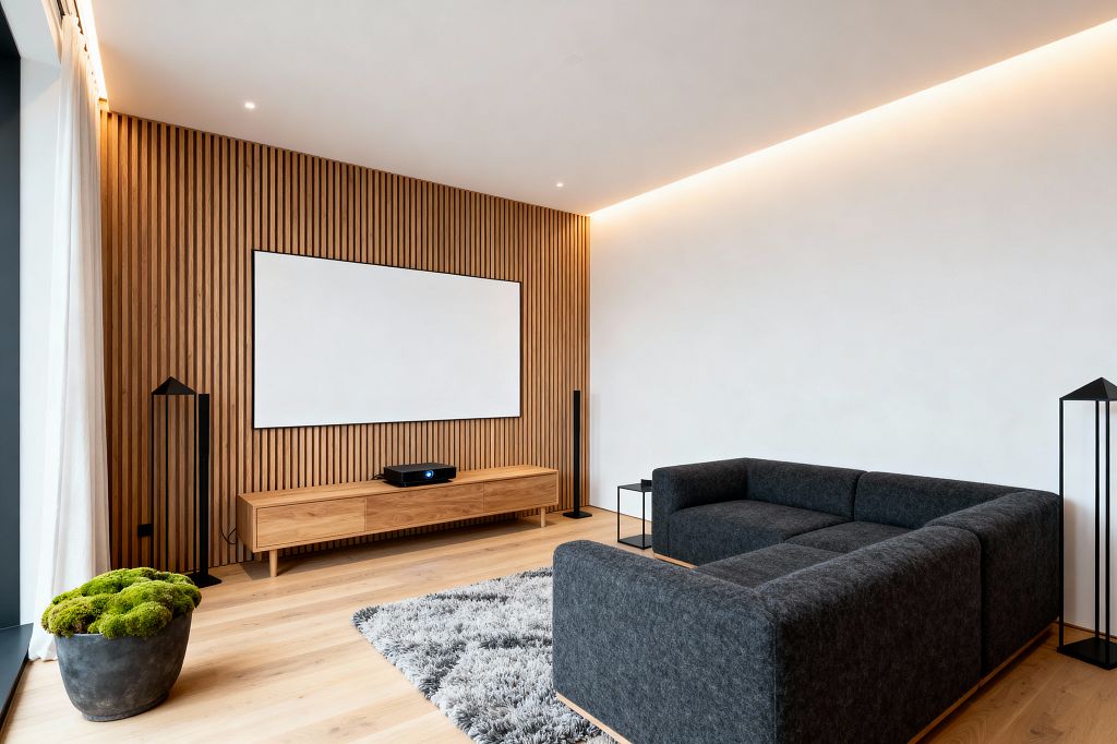 Minimal Scandinavian media room with a full wall of vertical oak slats framing a white projection screen and a low oak media console. A dark charcoal modular sofa sits on a soft gray shag rug facing the screen. Warm cove lighting washes the white ceiling and wall, with two slender black floor speakers and open-frame black lamps flanking the setup. Light oak flooring, sheer white curtains, a small black side table, and a moss-filled planter complete the serene space.
