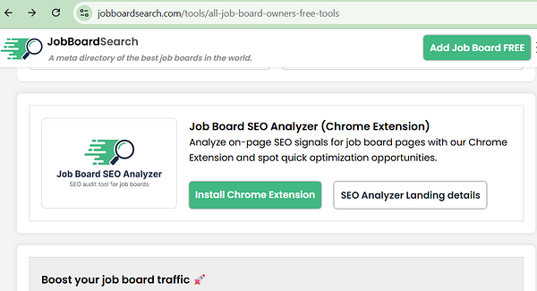 Screenshot of a web admin interface showing job board settings with a button to add internal links to tool landing pages.