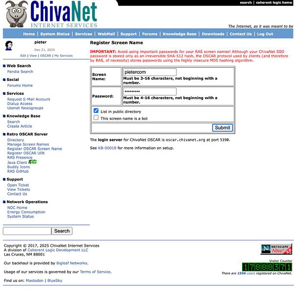 The image displays a registration screen for creating an AOL Instant Messenger account on the ChivaNet website.