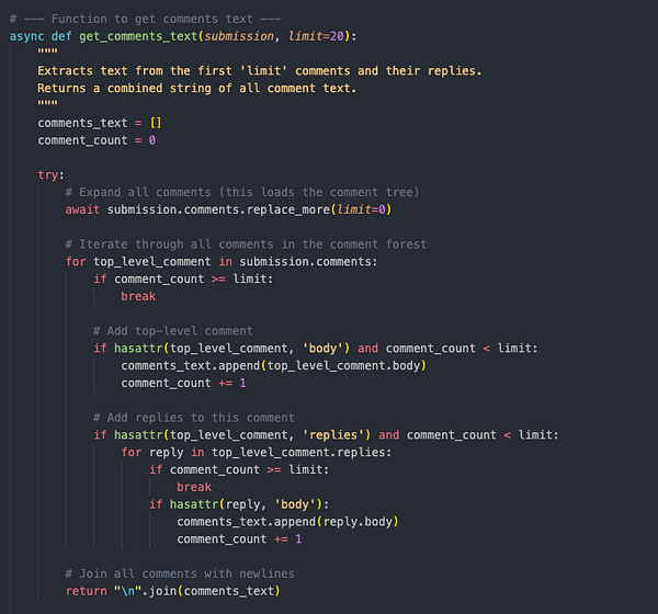 The image displays a code snippet for a function designed to extract comments from a Reddit submission.