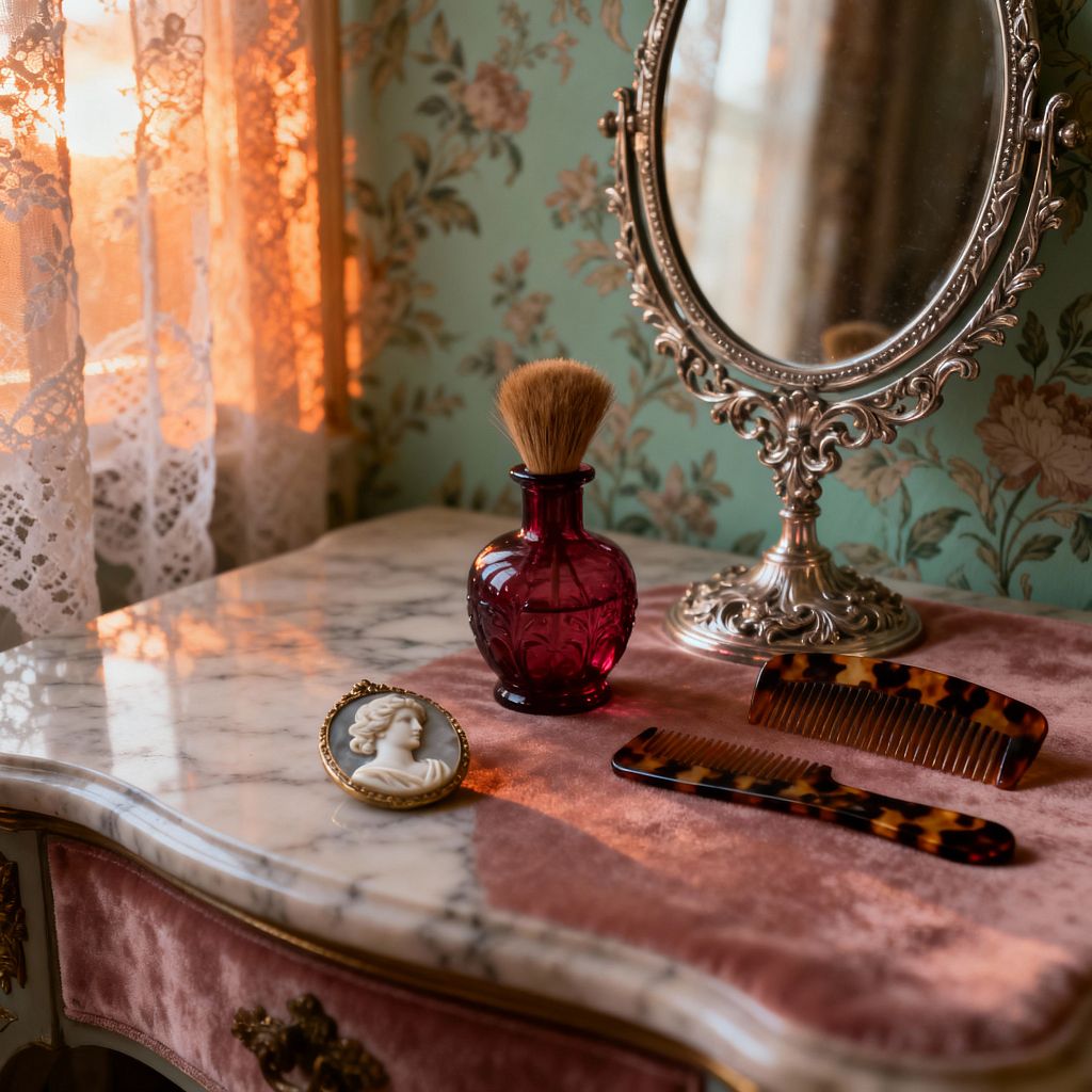 A close-up of a Victorian bedroom vanity shows an ornate oval silver mirror on a white marble top, partially covered by a soft pink velvet runner. Warm sunset light filters through lace curtains, casting delicate shadows. Duck-egg floral wallpaper forms the backdrop. On the surface sit a cranberry glass bottle with a natural-bristle brush, two tortoiseshell-patterned combs, and a gold-framed cameo, with gilded drawer hardware below.