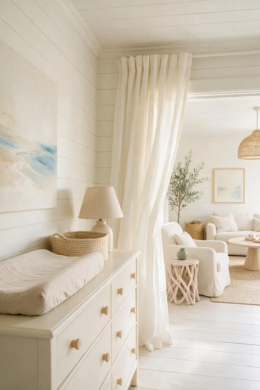 A serene coastal nursery with white shiplap walls and ceiling, a cream dresser with a changing pad, woven baskets, a table lamp, and sheer floor-length curtains dividing the room. Beyond the curtains, a cozy seating area includes white upholstered chairs, a round wood table, a woven pendant light, and natural fiber decor in soft beige and ivory tones.
