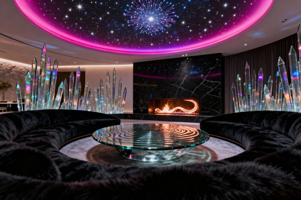 A circular living room centers on a rippled glass coffee table encircled by a curved, black velvet sectional on a pale gray rug. A star-studded ceiling with a magenta halo glows above, while tall iridescent crystal-like spikes frame a black marble fireplace with a ribbon-style linear flame; textured white stone and dark drapery line the perimeter, creating a futuristic, low-lit atmosphere with reflections shimmering across glass and polished surfaces.