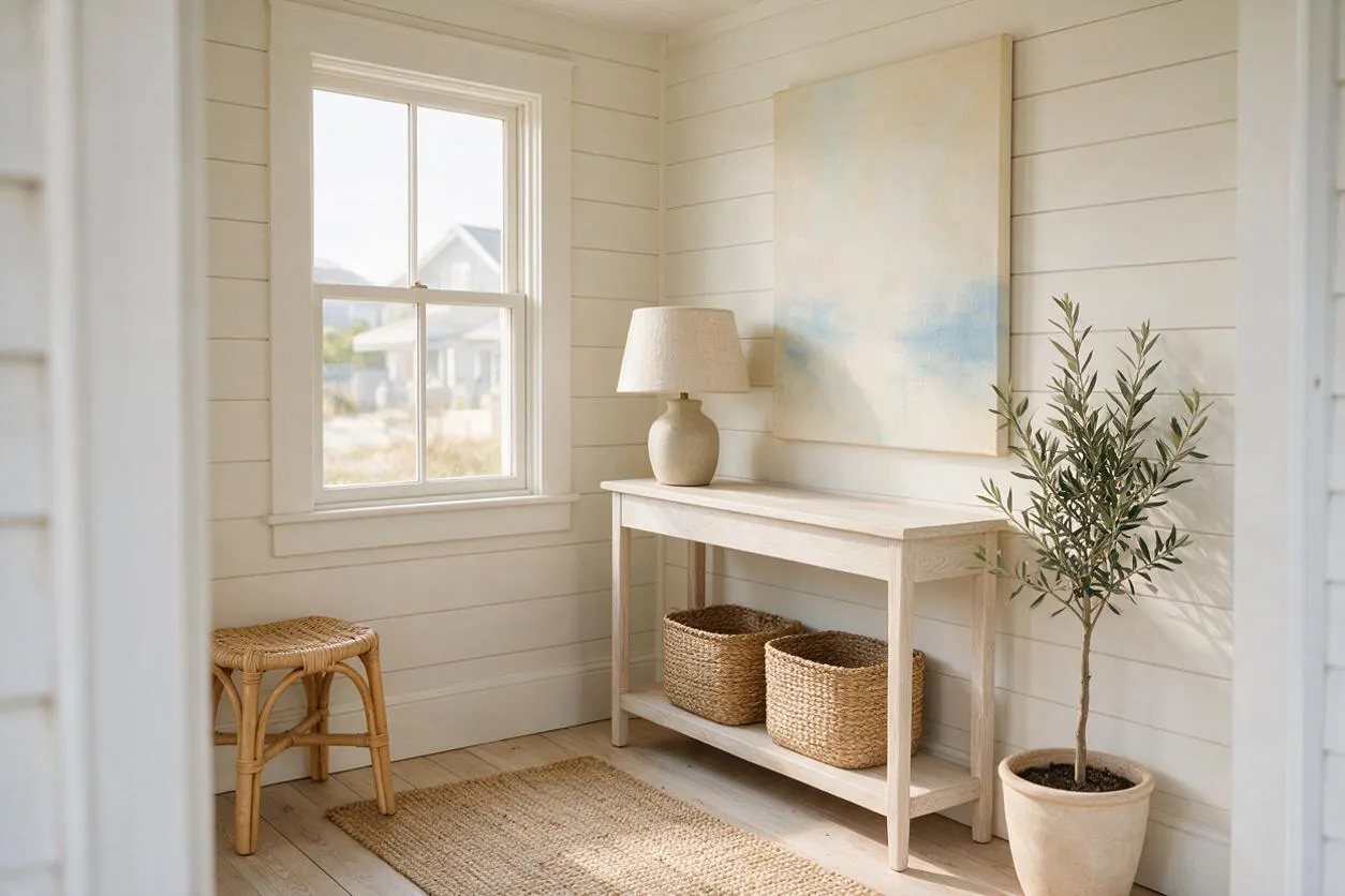 A bright coastal front porch with white shiplap walls, a pale wood console table, woven baskets, and a rattan stool. Soft neutral decor includes a ceramic lamp, abstract artwork with blue tones, a jute rug, and a potted olive tree by the window.