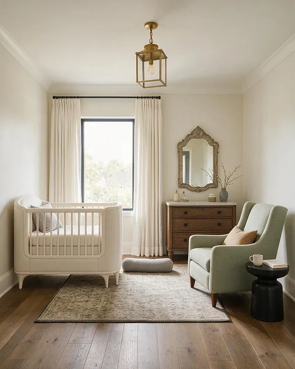 A serene transitional nursery with a cream crib on the left, a sage green armchair on the right, and a wooden dresser topped by an ornate mirror at the back wall. White curtains frame the window, and warm wood floors, a patterned rug, and a brass lantern pendant add softness and elegance.