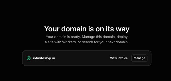 Screenshot of Infiniteslop's homepage showing the company's logo, a welcome message, and navigation options.