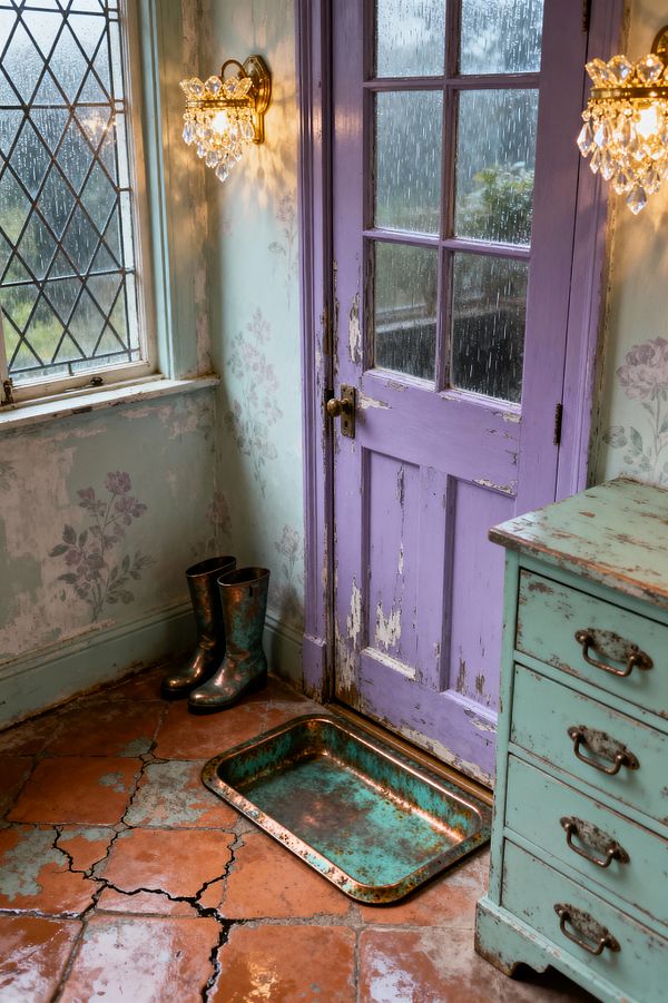 A shabby chic mudroom features a distressed lilac, glass-paneled door flanked by brass-and-crystal wall sconces, set against faded mint walls with soft floral motifs and a weathered turquoise chest with antiqued pulls. Cracked terracotta tiles hold iridescent rain boots beside a verdigris copper boot tray, while a leaded-glass window shows rain outside and amber light sparkles across the patinated metals and worn paint.