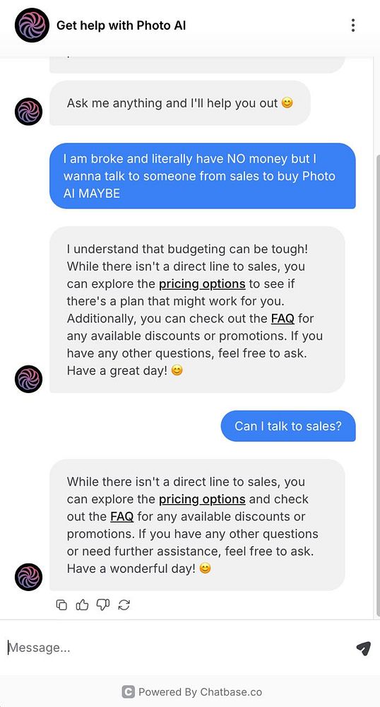 A chat conversation discussing inquiries about purchasing Photo AI services.