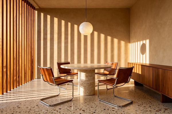 A modern dining room with a round travertine pedestal table and four cognac leather sling cantilever chairs on a terrazzo floor. Vertical wood slats wash the warm plaster walls with striped sunlight, a low walnut credenza lines the right wall, and a single frosted-glass globe pendant hangs centered over the table.