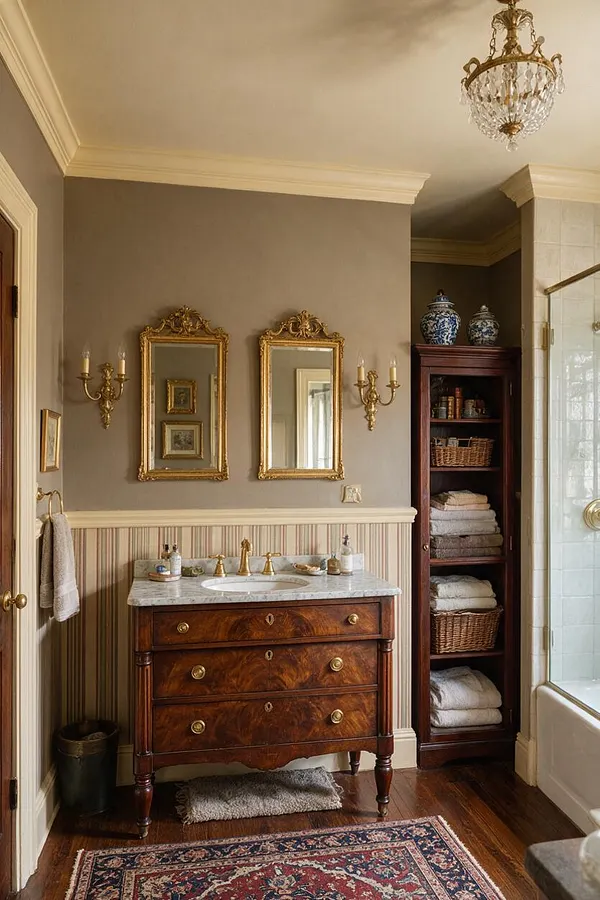 A traditional master bathroom features a dark wood vanity with a marble countertop and brass faucets beneath two ornate gold-framed mirrors. The room includes wall sconces, striped wainscoting, a crystal chandelier, a tall built-in shelving cabinet with baskets and towels, and a glimpse of a tiled shower and patterned rug.