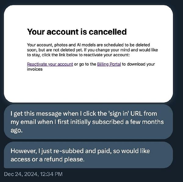 The image displays a cancellation notice for an account along with a user's message seeking assistance.