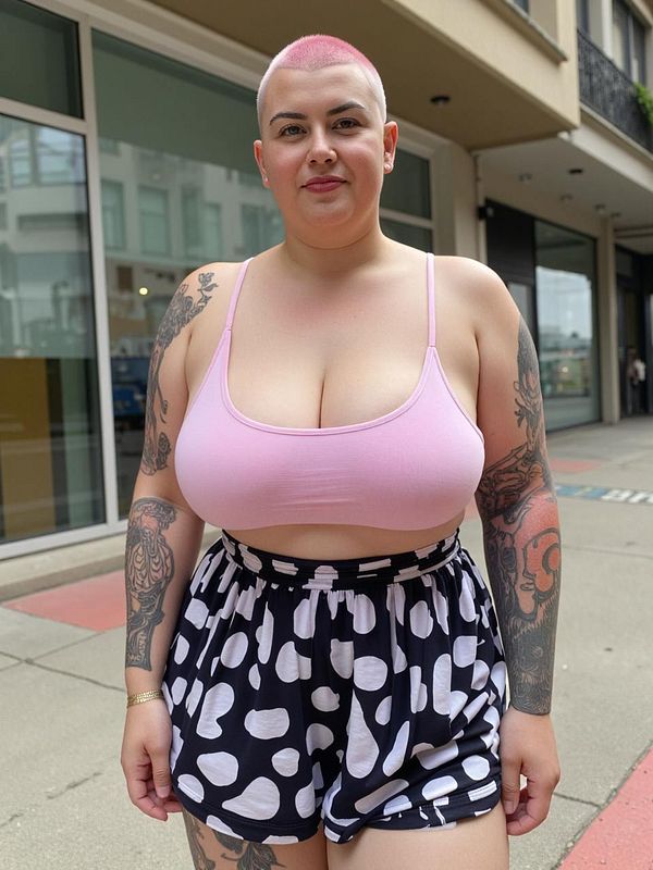 A person with a shaved head and pink hair stands confidently on a city street.