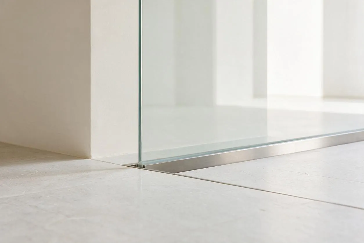 A close-up of a minimalist interior detail showing a clear glass partition set into a slim metal track beside smooth light stone or tile flooring. Soft white walls and bright natural light create a clean, airy look.