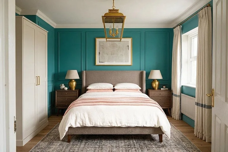 A Transitional bedroom in the Teal Bedroom palette: teal, white, blush, walnut, and brass