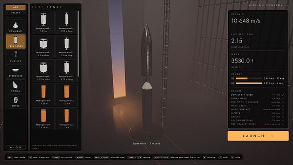 User interface of a rocket building simulator with a rocket in the hangar and detailed fuel tank options and mission control stats.