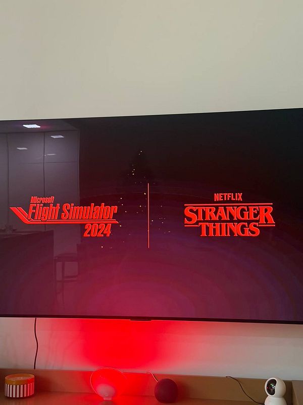 The image displays a promotional screen for Microsoft Flight Simulator 2024 featuring a collaboration with Stranger Things.