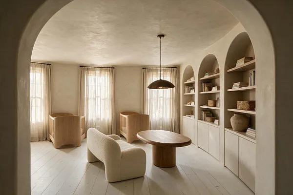 A serene nursery with two natural wood cribs placed near tall sheer-curtained windows, a rounded boucle chair and oval wood table in the center, and arched built-in shelves filled with books and baskets along one wall. The room features warm beige plaster-like walls, pale wood flooring, and a sculptural pendant light.