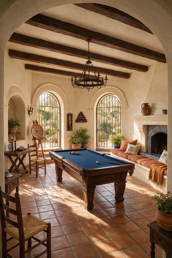 A sunlit Mediterranean-style game room with terracotta tile flooring, white stucco walls, and dark wood ceiling beams. A blue-felt pool table sits in the center, surrounded by arched windows, a wrought-iron chandelier, a tiled fireplace, and warm built-in seating with patterned pillows.