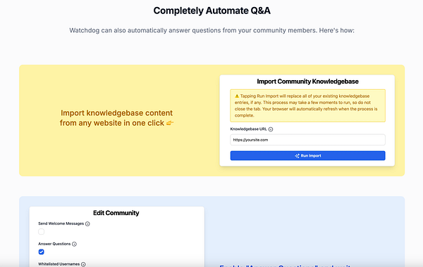 The image displays a user interface for a Q&A feature in a community management tool called Watchdog.