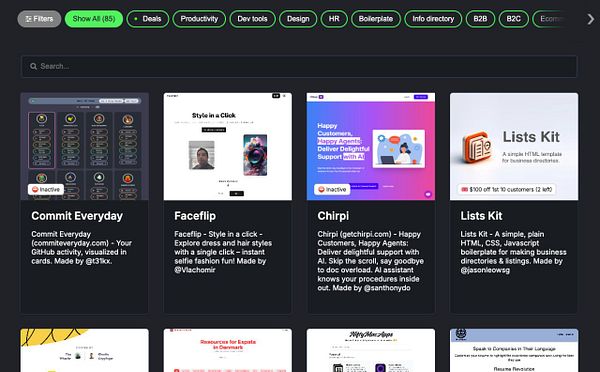 The image displays a directory interface showcasing various digital tools and services, with some marked as inactive.
