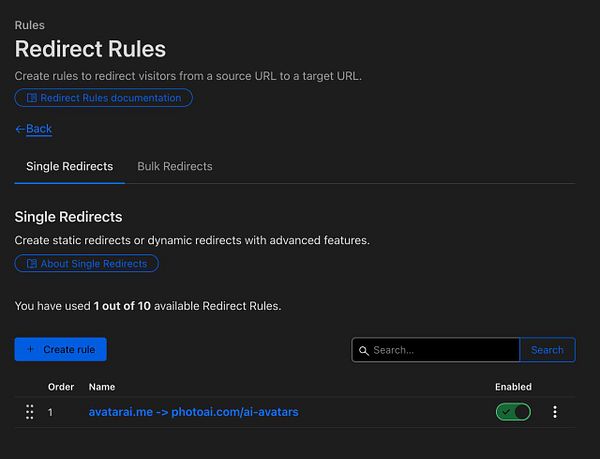 The image displays a user interface for managing redirect rules in Cloudflare.