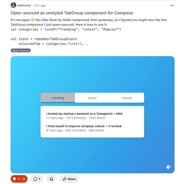 The image displays a user interface for a TabGroup component in a Compose application, showcasing trending topics and posts.