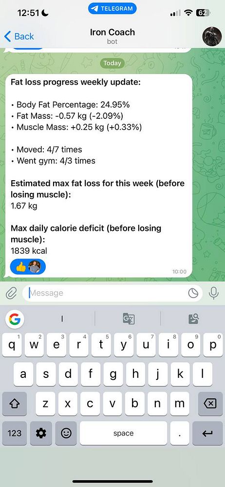 A weekly fat loss progress update displayed in a messaging app.
