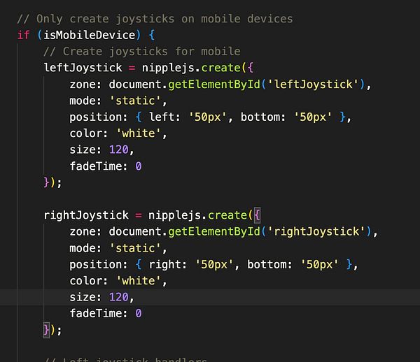 The image displays a code snippet for creating joystick controls using the nippleJS library.