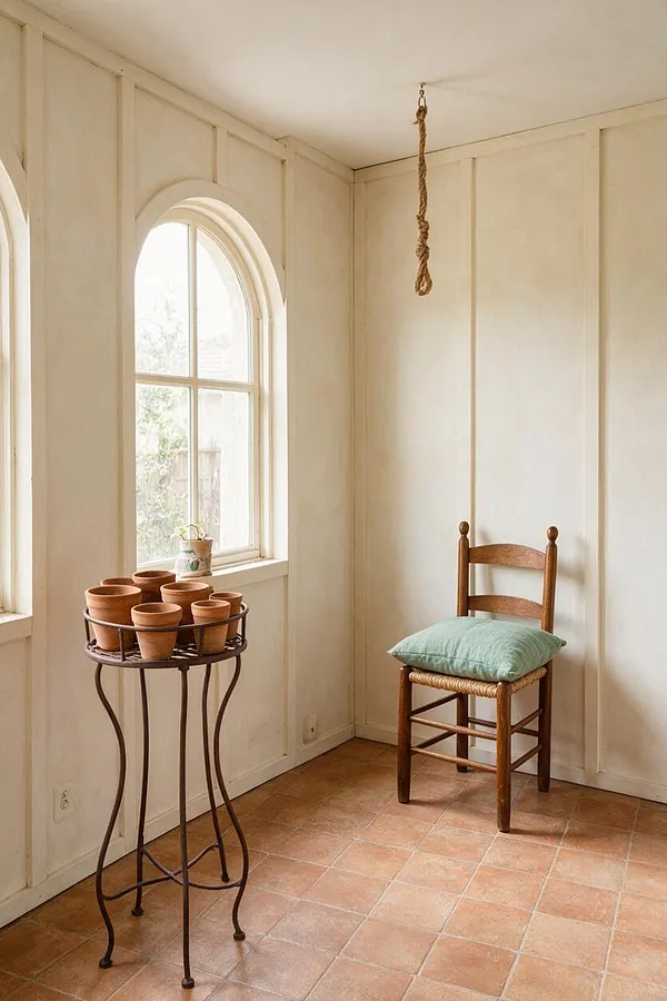 A small Mediterranean-style sunroom with cream paneled walls, arched windows, and terracotta tile flooring. A wooden chair with a pale green cushion sits beside a wrought iron plant stand topped with terracotta pots, creating a warm rustic atmosphere.